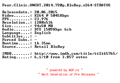NFO for the release Fear.Clinic.UNCUT.2014.720p.BluRay.x264-STRATOS by STRATOS
