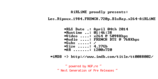 NFO for the release Les.Ripoux.1984.FRENCH.720p.BluRay.x264-AiRLiNE by AiRLiNE