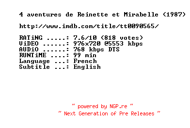 NFO for the release Four.Adventures.of.Reinette.and.Mirabelle.1987.720p.BluRay.x264-MELiTE by MELiTE