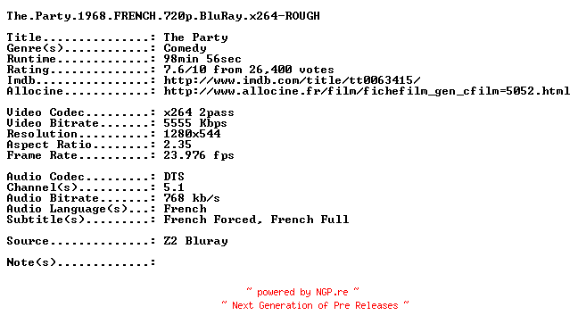 NFO for the release The.Party.1968.FRENCH.720p.BluRay.x264-ROUGH by ROUGH