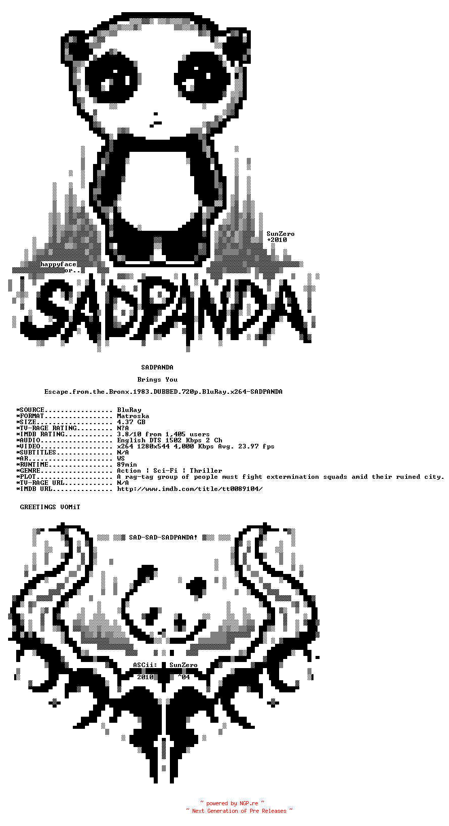 NFO for the release Escape.from.the.Bronx.1983.DUBBED.720p.BluRay.x264-SADPANDA by SADPANDA
