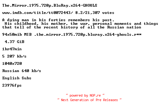 NFO for the release The.Mirror.1975.720p.BluRay.x264-GHOULS by GHOULS
