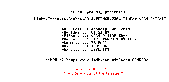 NFO for the release Night.Train.to.Lisbon.2013.FRENCH.720p.BluRay.x264-AiRLiNE by AiRLiNE