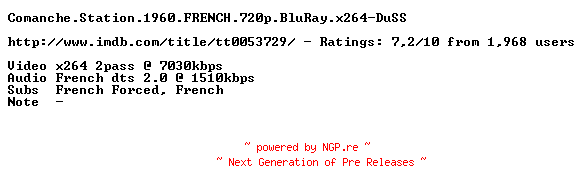 NFO for the release Comanche.Station.1960.FRENCH.720p.BluRay.x264-DuSS by DuSS