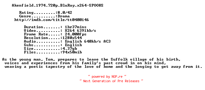 NFO for the release Akenfield.1974.720p.BluRay.x264-SPOOKS by SPOOKS