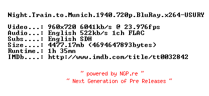 NFO for the release Night.Train.to.Munich.1940.720p.BluRay.x264-USURY by USURY