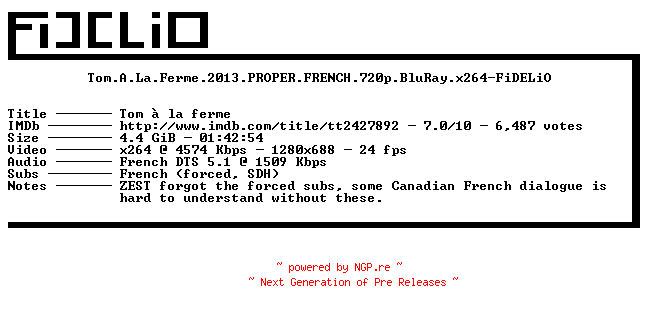 NFO for the release Tom.A.La.Ferme.2013.PROPER.FRENCH.720p.BluRay.x264-FiDELiO by FiDELiO