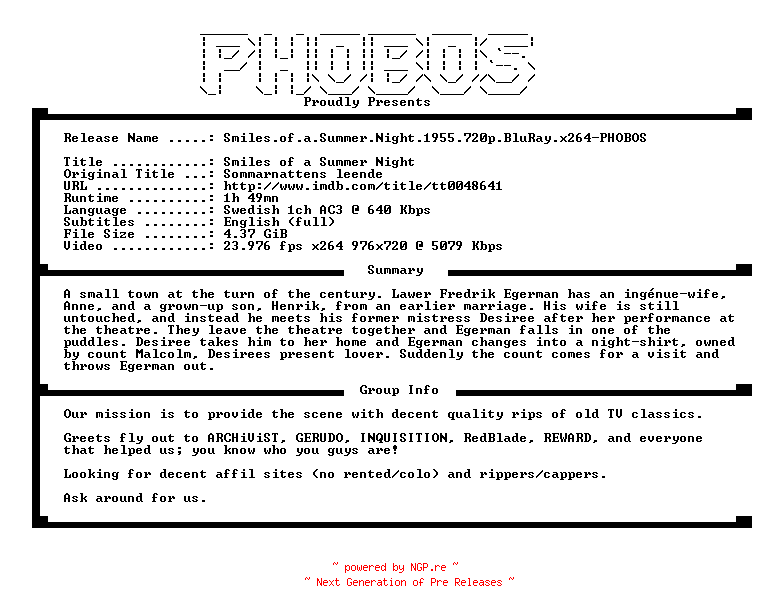 NFO for the release Smiles.of.a.Summer.Night.1955.720p.BluRay.x264-PHOBOS by PHOBOS