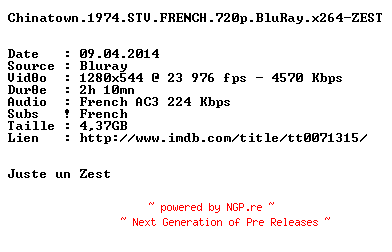 NFO for the release Chinatown.1974.STV.FRENCH.720p.BluRay.x264-ZEST by ZEST