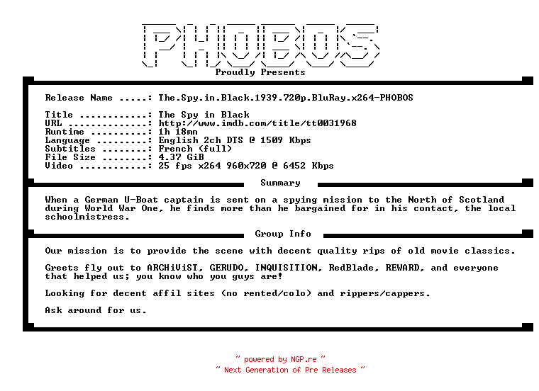 NFO for the release The.Spy.in.Black.1939.720p.BluRay.x264-PHOBOS by PHOBOS