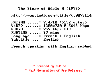 NFO for the release The.Story.of.Adele.H.1975.720p.BluRay.x264-MELiTE by MELiTE