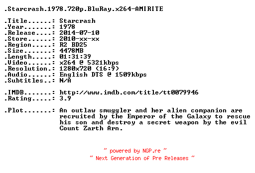 NFO for the release Starcrash.1978.720p.BluRay.x264-AMIRITE by AMIRITE