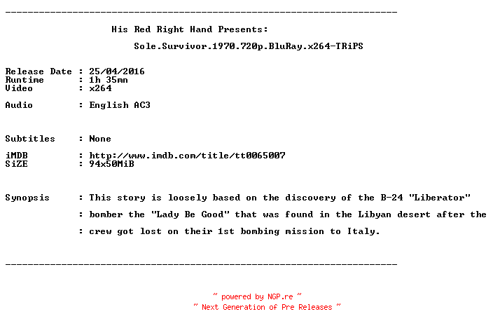 NFO for the release Sole.Survivor.1970.720p.BluRay.x264-TRiPS by TRiPS