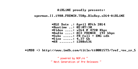 NFO for the release Superman.II.1980.FRENCH.720p.BluRay.x264-AiRLiNE by AiRLiNE