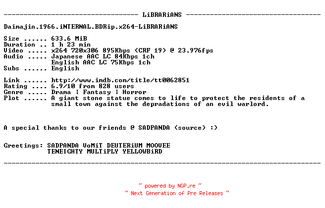 NFO for the release Daimajin.1966.iNTERNAL.BDRip.x264-LiBRARiANS by LiBRARiANS