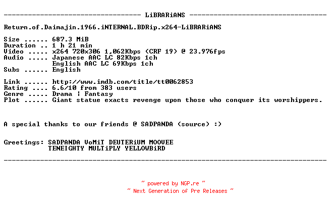 NFO for the release Return.of.Daimajin.1966.iNTERNAL.BDRip.x264-LiBRARiANS by LiBRARiANS