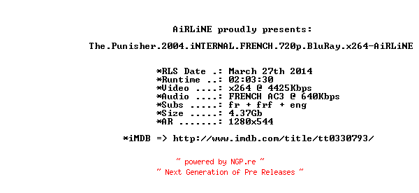 NFO for the release The.Punisher.2004.iNTERNAL.FRENCH.720p.BluRay.x264-AiRLiNE by AiRLiNE