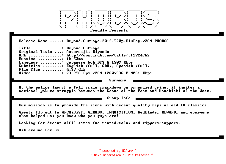 NFO for the release Beyond.Outrage.2012.720p.BluRay.x264-PHOBOS by PHOBOS