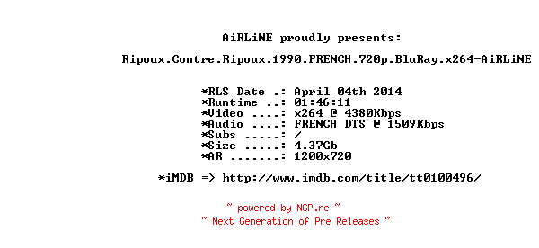 NFO for the release Ripoux.Contre.Ripoux.1990.FRENCH.720p.BluRay.x264-AiRLiNE by AiRLiNE