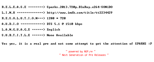 NFO for the release Sparks.2013.720p.BluRay.x264-SONiDO by SONiDO