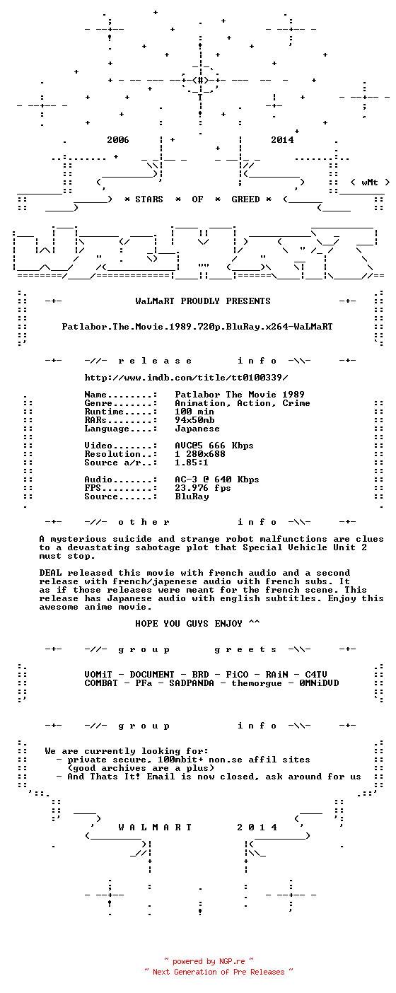 NFO for the release Patlabor.The.Movie.1989.720p.BluRay.x264-WaLMaRT by WaLMaRT