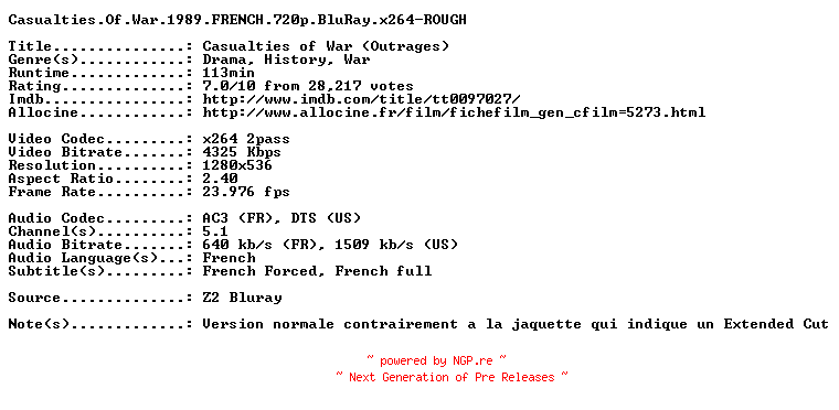 NFO for the release Casualties.Of.War.1989.FRENCH.720p.BluRay.x264-ROUGH by ROUGH