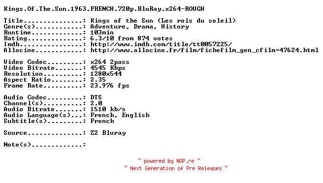 NFO for the release Kings.Of.The.Sun.1963.FRENCH.720p.BluRay.x264-ROUGH by ROUGH