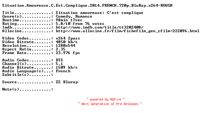 NFO for the release Situation.Amoureuse.C.Est.Complique.2014.FRENCH.720p.BluRay.x264-ROUGH by ROUGH
