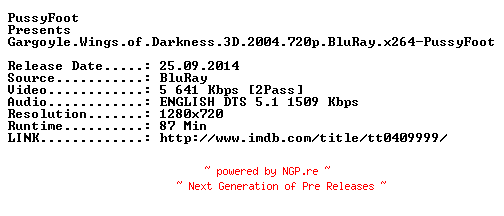 NFO for the release Gargoyle.Wings.of.Darkness.3D.2004.720p.BluRay.x264-PussyFoot by PussyFoot