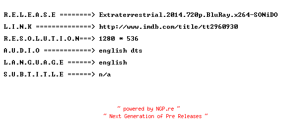NFO for the release Extraterrestrial.2014.720p.BluRay.x264-SONiDO by SONiDO