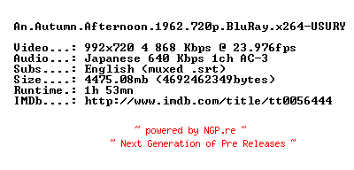NFO for the release An.Autumn.Afternoon.1962.720p.BluRay.x264-USURY by USURY