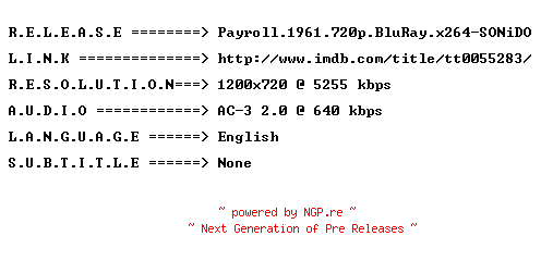 NFO for the release Payroll.1961.720p.BluRay.x264-SONiDO by SONiDO