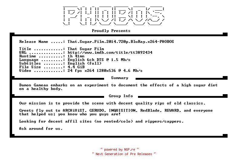 NFO for the release That.Sugar.Film.2014.720p.BluRay.x264-PHOBOS by PHOBOS