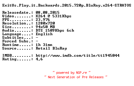 NFO for the release ExitUs.Play.it.Backwards.2015.720p.BluRay.x264-STRATOS by STRATOS