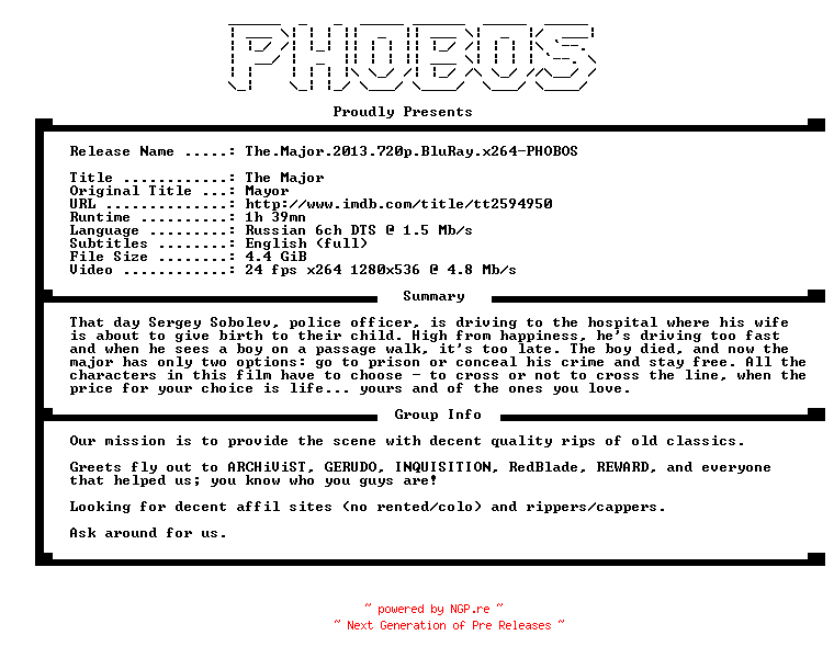 NFO for the release The.Major.2013.720p.BluRay.x264-PHOBOS by PHOBOS