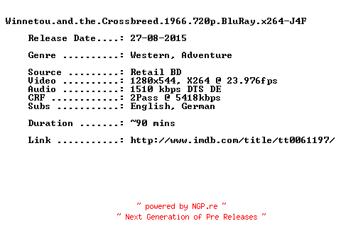 NFO for the release Winnetou.and.the.Crossbreed.1966.720p.BluRay.x264-J4F by J4F