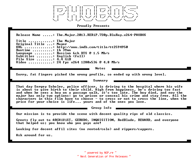 NFO for the release The.Major.2013.RERiP.720p.BluRay.x264-PHOBOS by PHOBOS