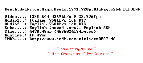 NFO for the release Death.Walks.on.High.Heels.1971.720p.BluRay.x264-BiPOLAR by BiPOLAR