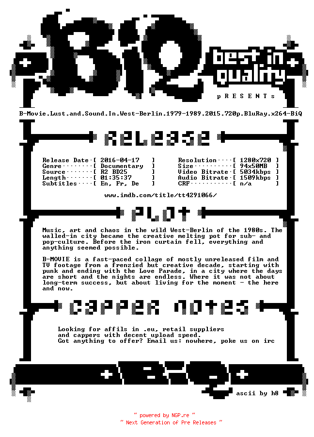 NFO for the release B-Movie.Lust.and.Sound.In.West-Berlin.1979-1989.2015.720p.BluRay.x264-BiQ by BiQ