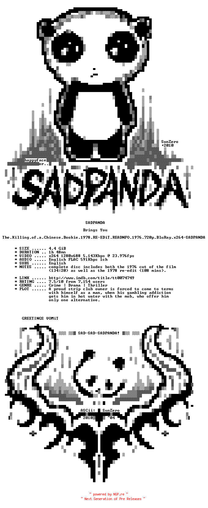 NFO for the release The.Killing.of.a.Chinese.Bookie.1978.RE-EDiT.READNFO.1976.720p.BluRay.x264-SADPANDA by SADPANDA