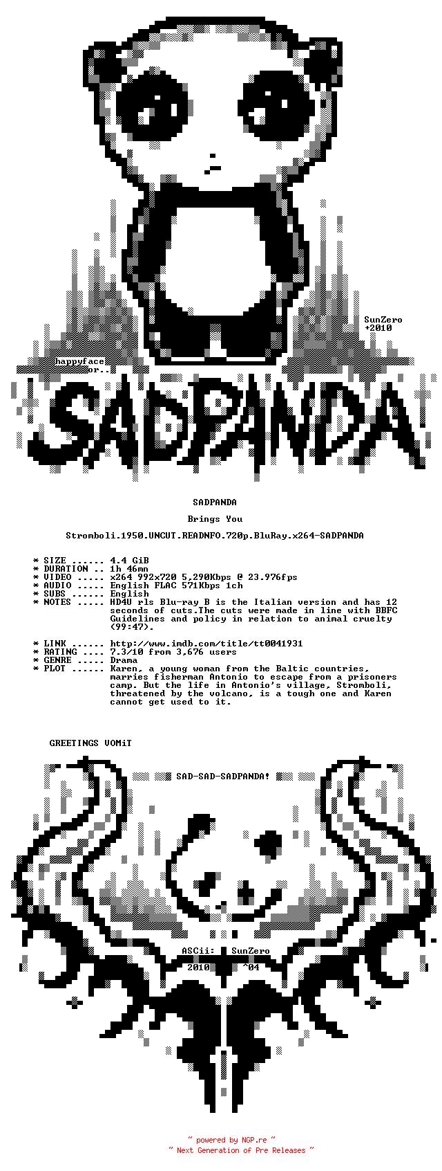 NFO for the release Stromboli.1950.UNCUT.READNFO.720p.BluRay.x264-SADPANDA by SADPANDA