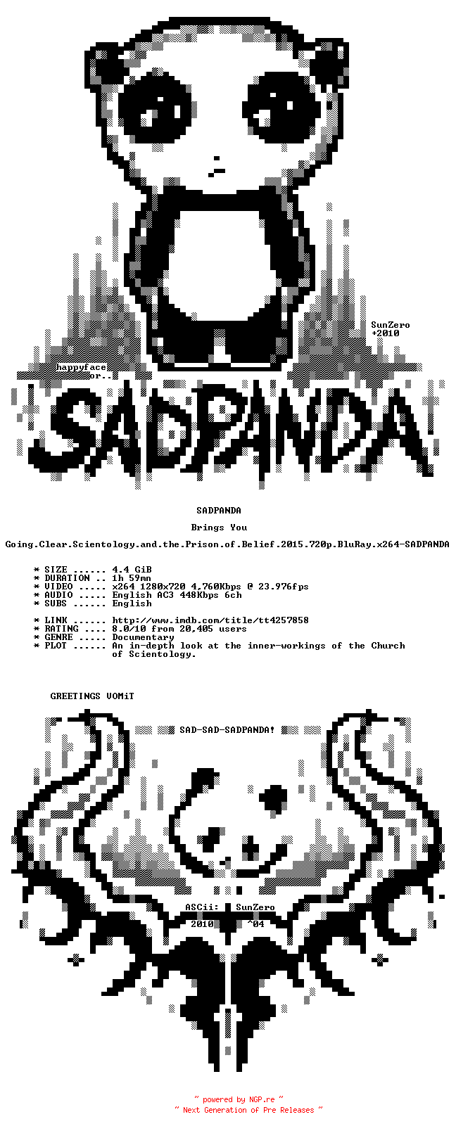 NFO for the release Going.Clear.Scientology.and.the.Prison.of.Belief.2015.720p.BluRay.x264-SADPANDA by SADPANDA