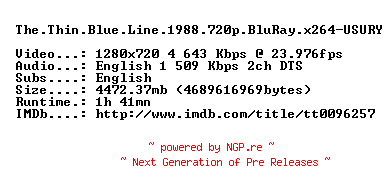 NFO for the release The.Thin.Blue.Line.1988.720p.BluRay.x264-USURY by USURY