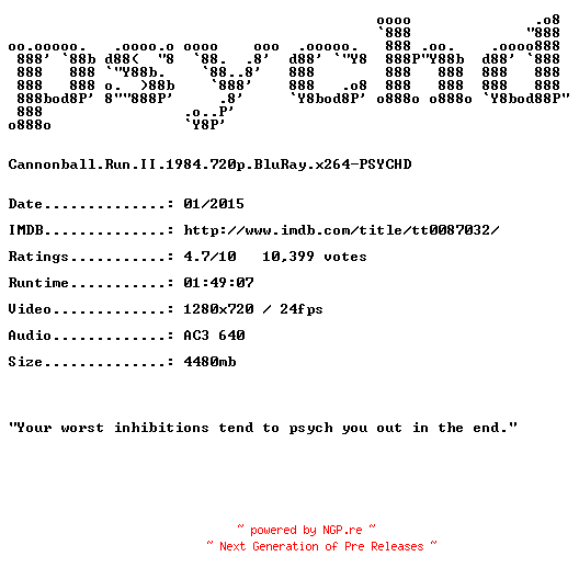 NFO for the release Cannonball.Run.II.1984.720p.BluRay.x264-PSYCHD by PSYCHD