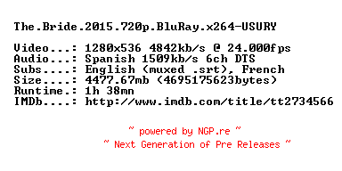 NFO for the release The.Bride.2015.720p.BluRay.x264-USURY by USURY