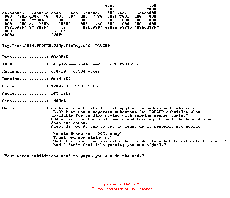 NFO for the release Top.Five.2014.PROPER.720p.BluRay.x264-PSYCHD by PSYCHD