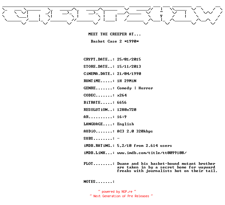 NFO for the release Basket.Case.2.1990.720p.BluRay.x264-CREEPSHOW by CREEPSHOW
