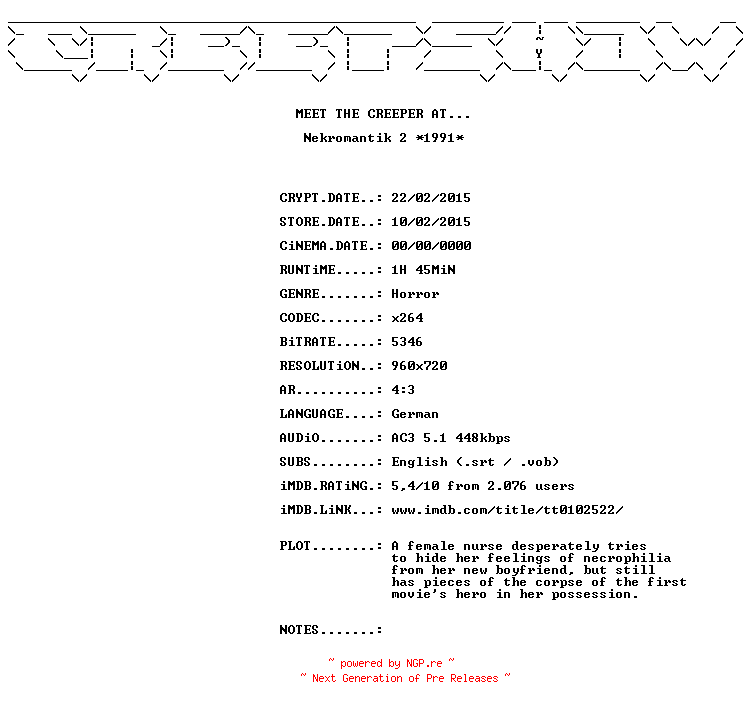 NFO for the release Nekromantik.2.1991.720p.BluRay.x264-CREEPSHOW by CREEPSHOW
