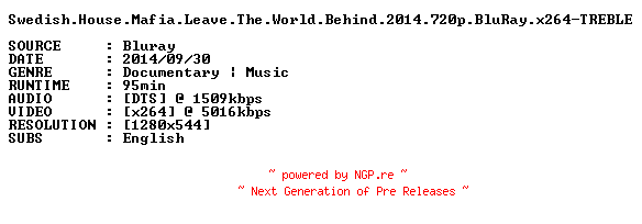 NFO for the release Swedish.House.Mafia.Leave.The.World.Behind.2014.720p.BluRay.x264-TREBLE by TREBLE