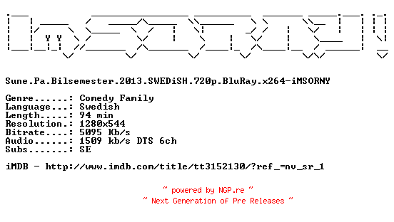NFO for the release Sune.Pa.Bilsemester.2013.SWEDiSH.720p.BluRay.x264-iMSORNY by iMSORNY